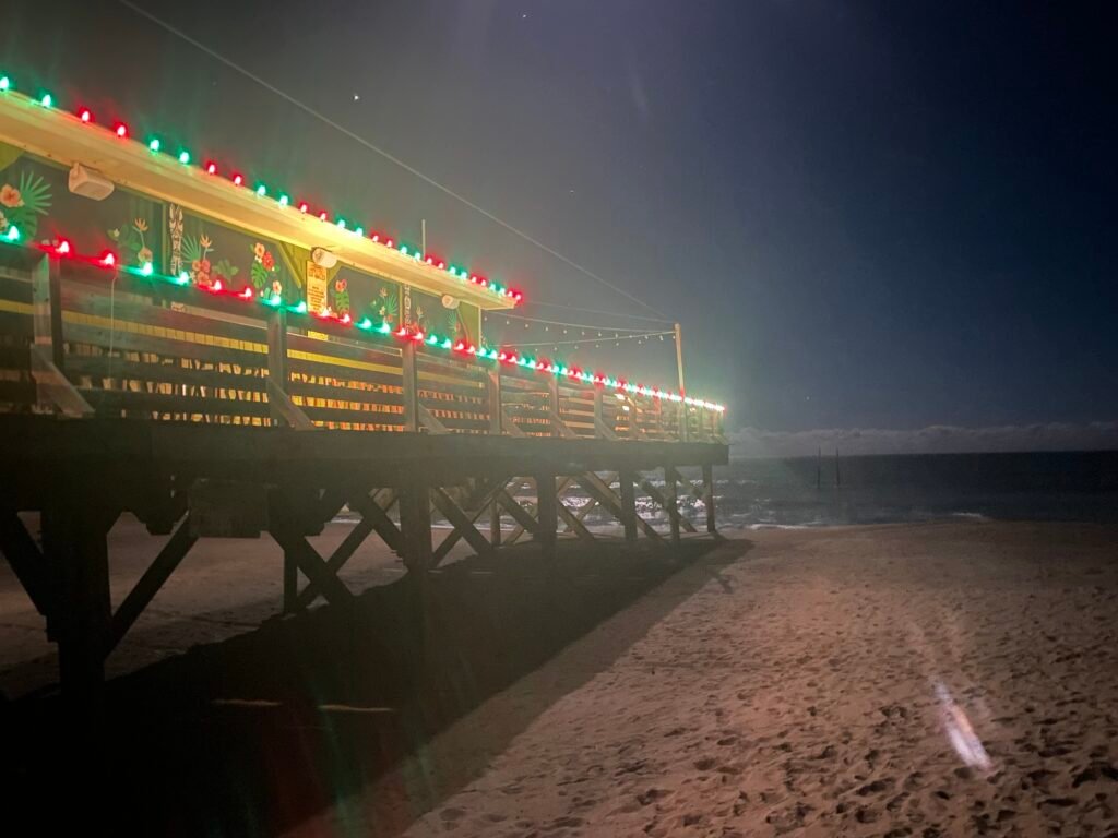 holiday lights on pier