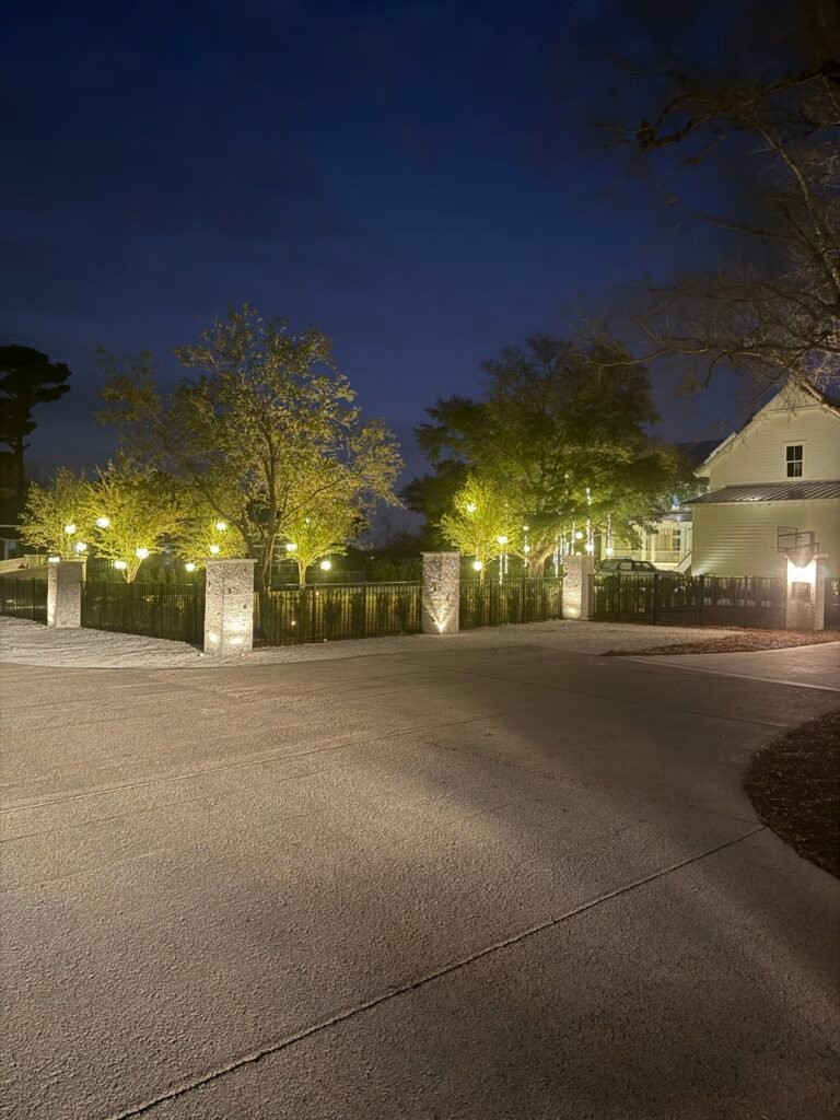 Lighting on trees at a driveway entrance by Shark Illumination