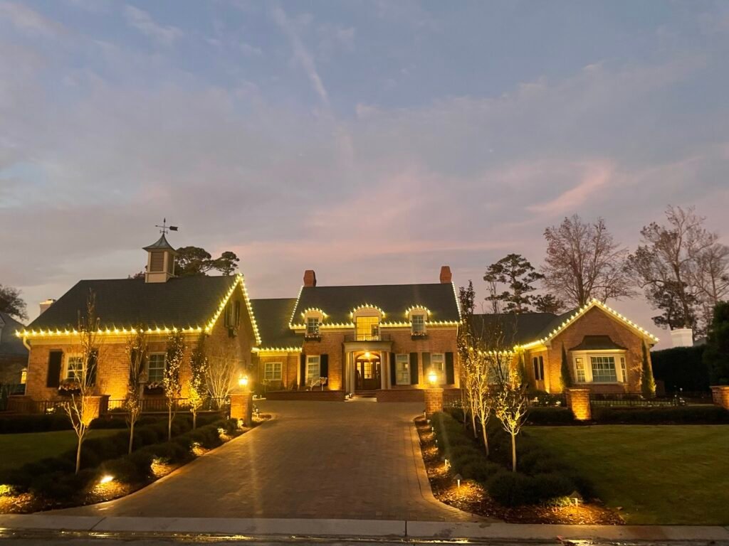 Warm white Christmas lights on an estate and driveway by Shark Illumination
