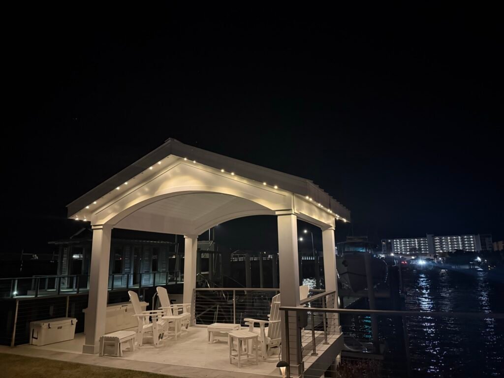 Warm white permanent lighting on a dock gazebo by Shark Illumination