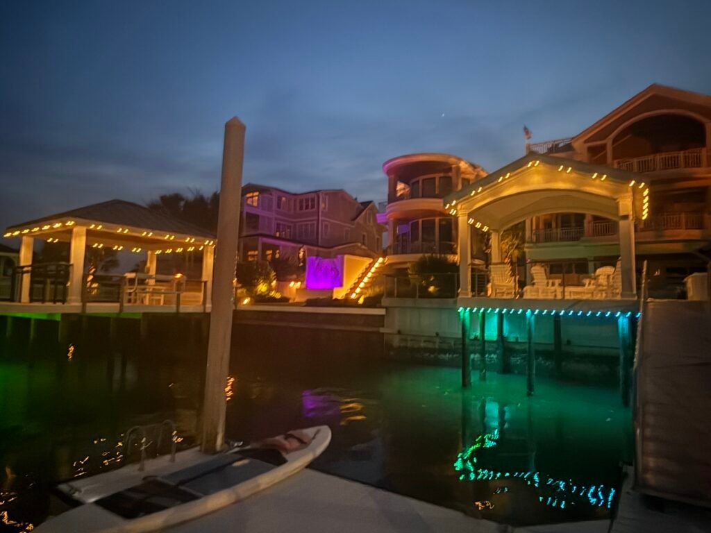 Permanent lighting on waterfront docks in Wrightsville Beach by Shark Illumination